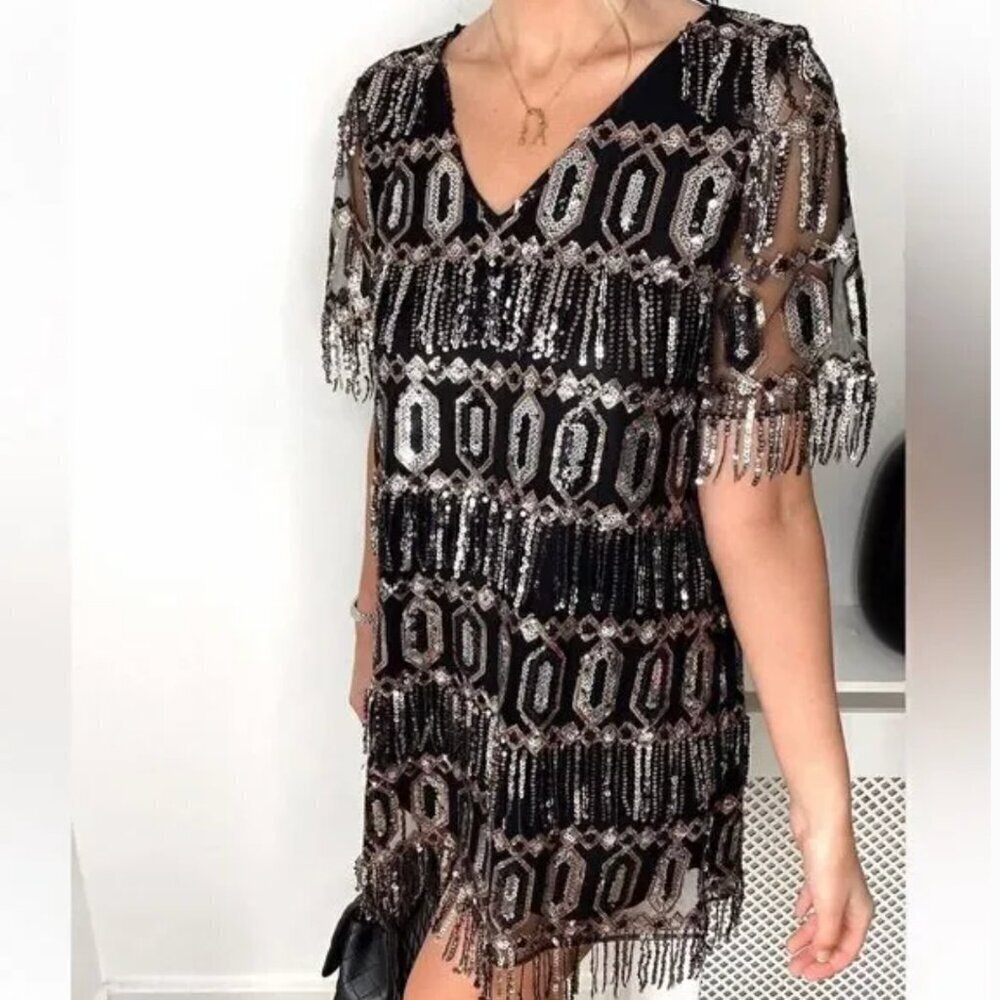 ZARA NWT SEQUINED FRINGED DRESS - small
